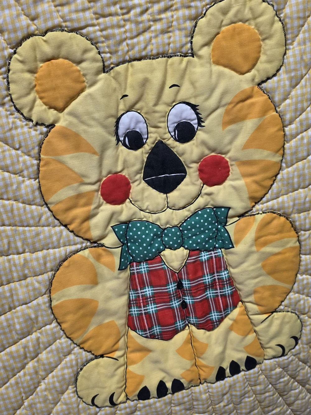 Vintage Handmade Teddy Bear Crib Quilt Blanket - Yellow Gingham